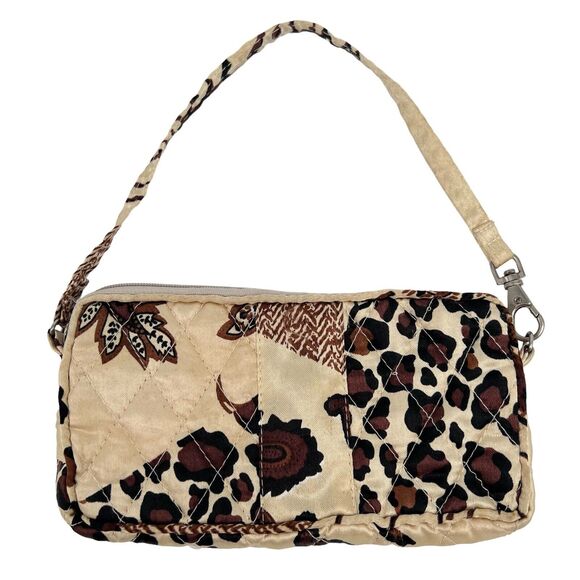 Mini Purse Wallet Satin Quilted Brown Leaf Cheetah Handle Zip 7" x 3.5" Divider - Picture 3 of 8